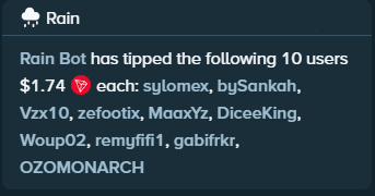 Automatic Rain Bot notification in Stake chat announcing a distribution among ten players