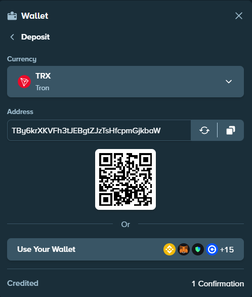 TRX deposit screen in the Stake Wallet with address and QR code