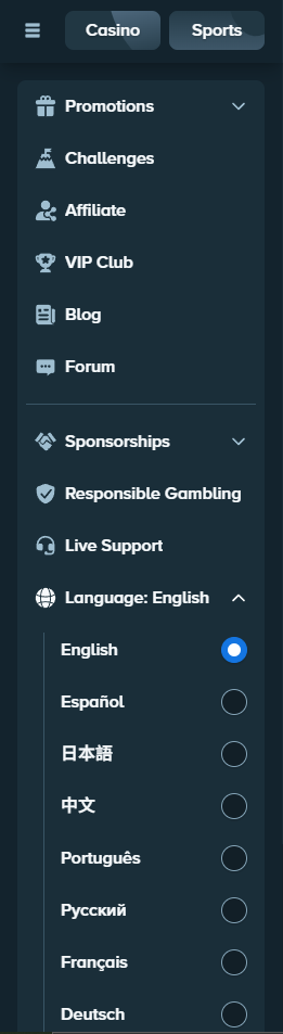 Stake side menu with the language selector open and English available