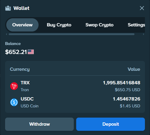 Stake Wallet overview with TRX and USDC balances and indicative dollar values