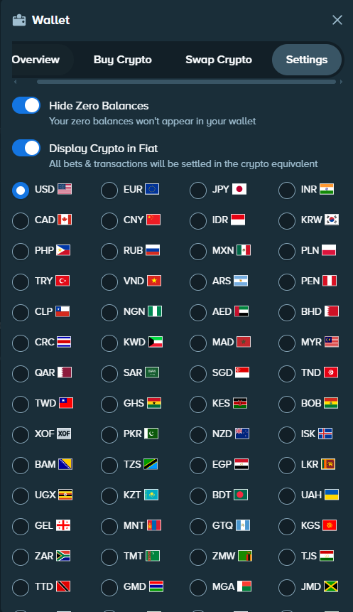 Stake Wallet settings with Display Crypto in Fiat enabled and a choice of currency
