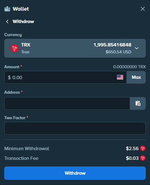 TRX withdrawal form in the Stake Wallet with address, 2FA, minimum and fees